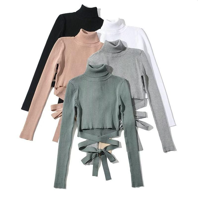 Long-Sleeve Turtleneck Plain Ribbed Crop Knit Top Product Image