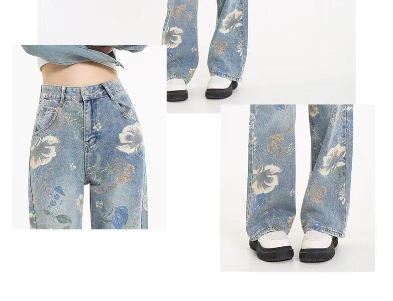 High Rise Floral Print Washed Loose Fit Jeans Product Image