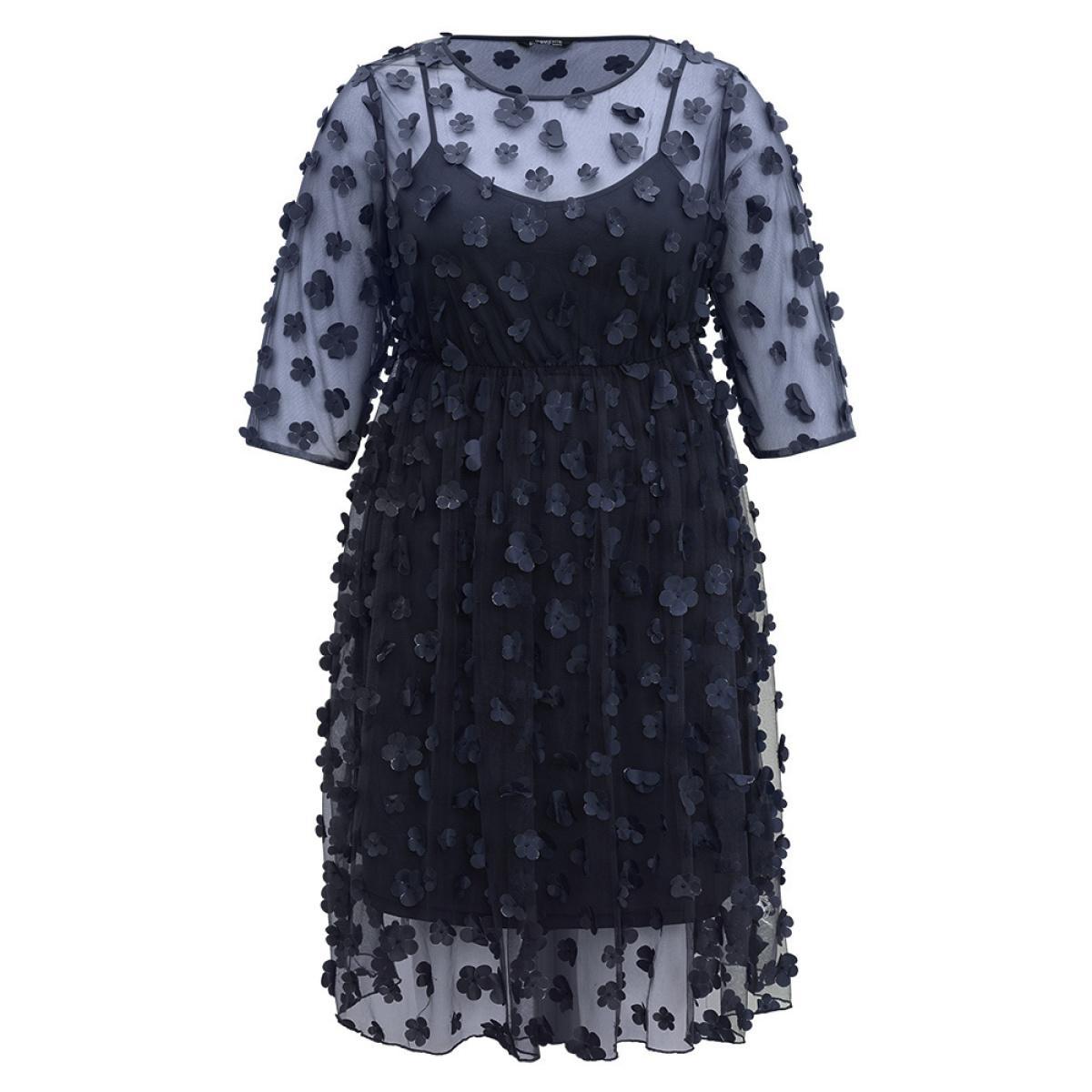 Plus Size Floral Embroidered Mesh Elastic Waist Crew Neck Dress DarkBlue Women Glamour See through Round Neck Elbow-length sleeve Curvy Knee Dress BloomChic 14-16/1X Product Image