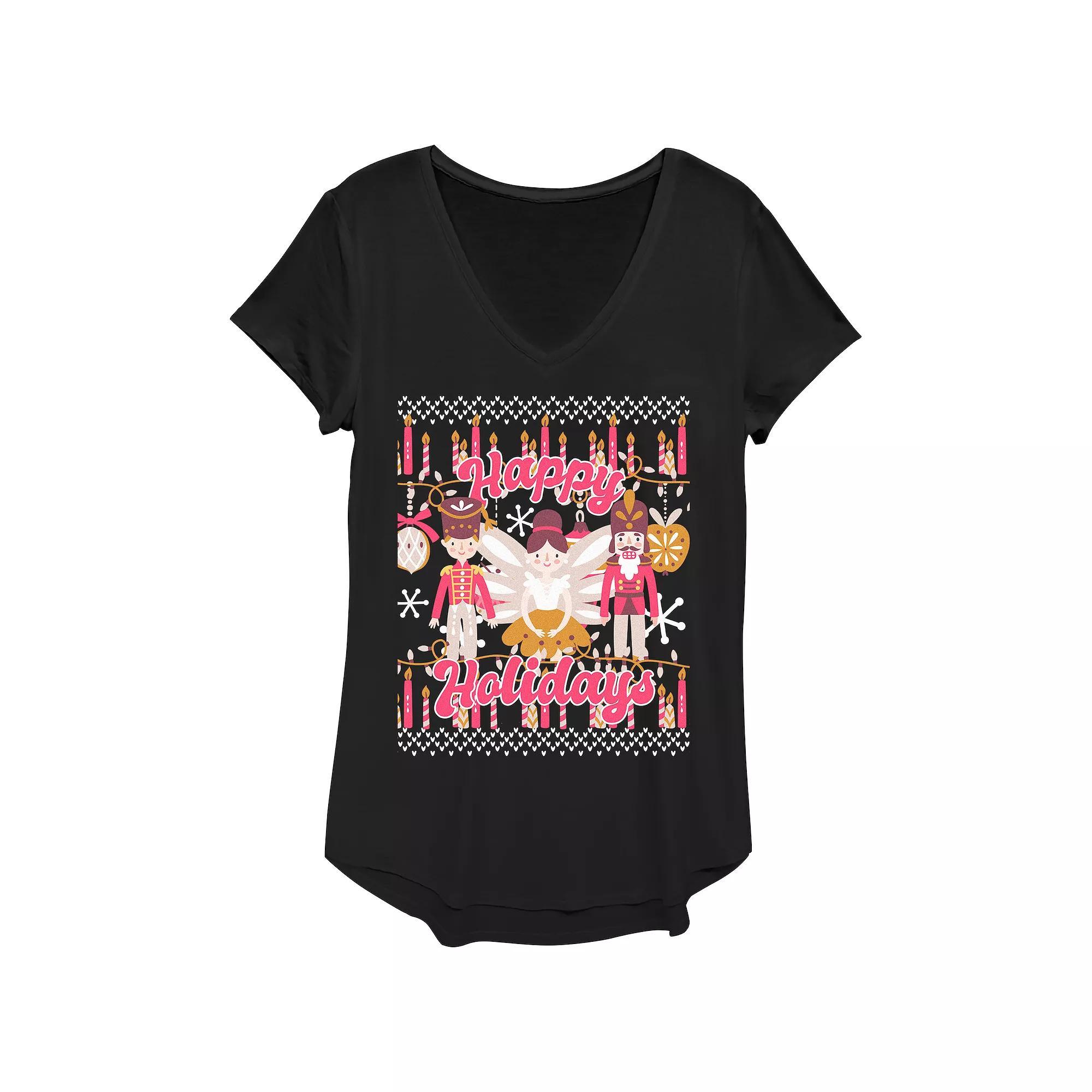 Women's Happy Holidays From The Nutcracker And Ballerina Graphic Tee, Size: XS, Black Product Image