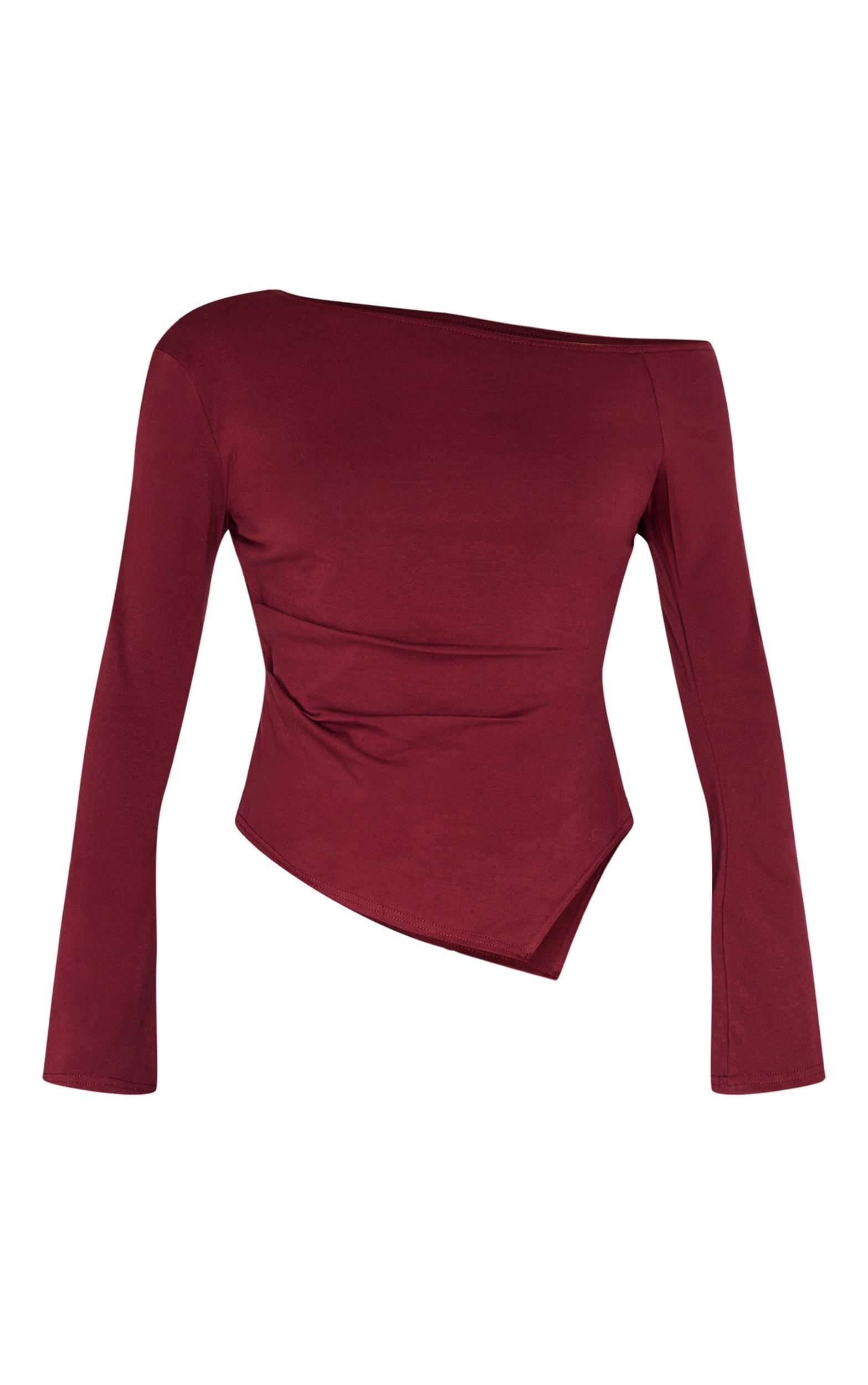 Burgundy Cotton Ruched Side Long Sleeve Top Product Image