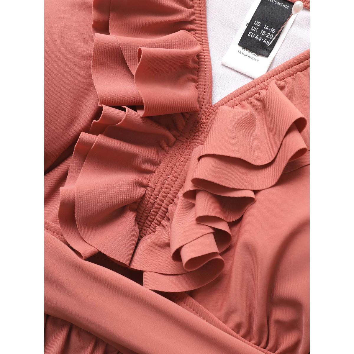 Plus Size Ruffle Trim Adjustable Straps Gathered Sculpt Waist Swim Dress Women's Swimwear Salmon Beach Bodycon V-neck High stretch Curve Swim Dresses BloomChic 14-16/1X Product Image