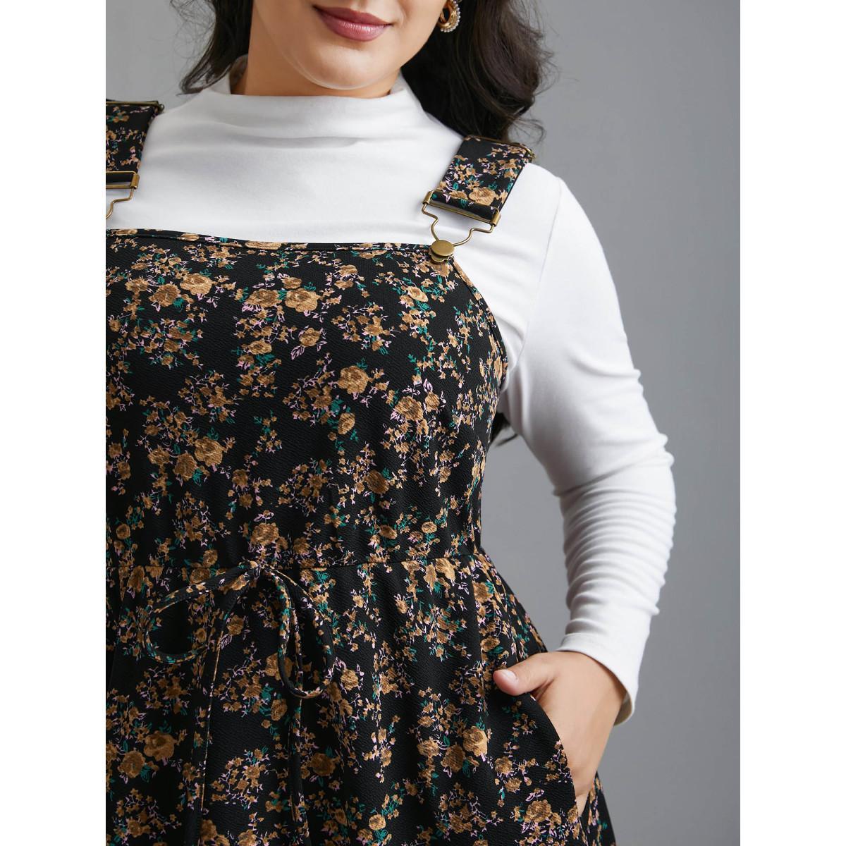 Plus Size Ditsy Floral Adjustable Straps Drawstring Dress Black Women Elegant Tie knot Knit Dresses Bloomchic 10/M Product Image