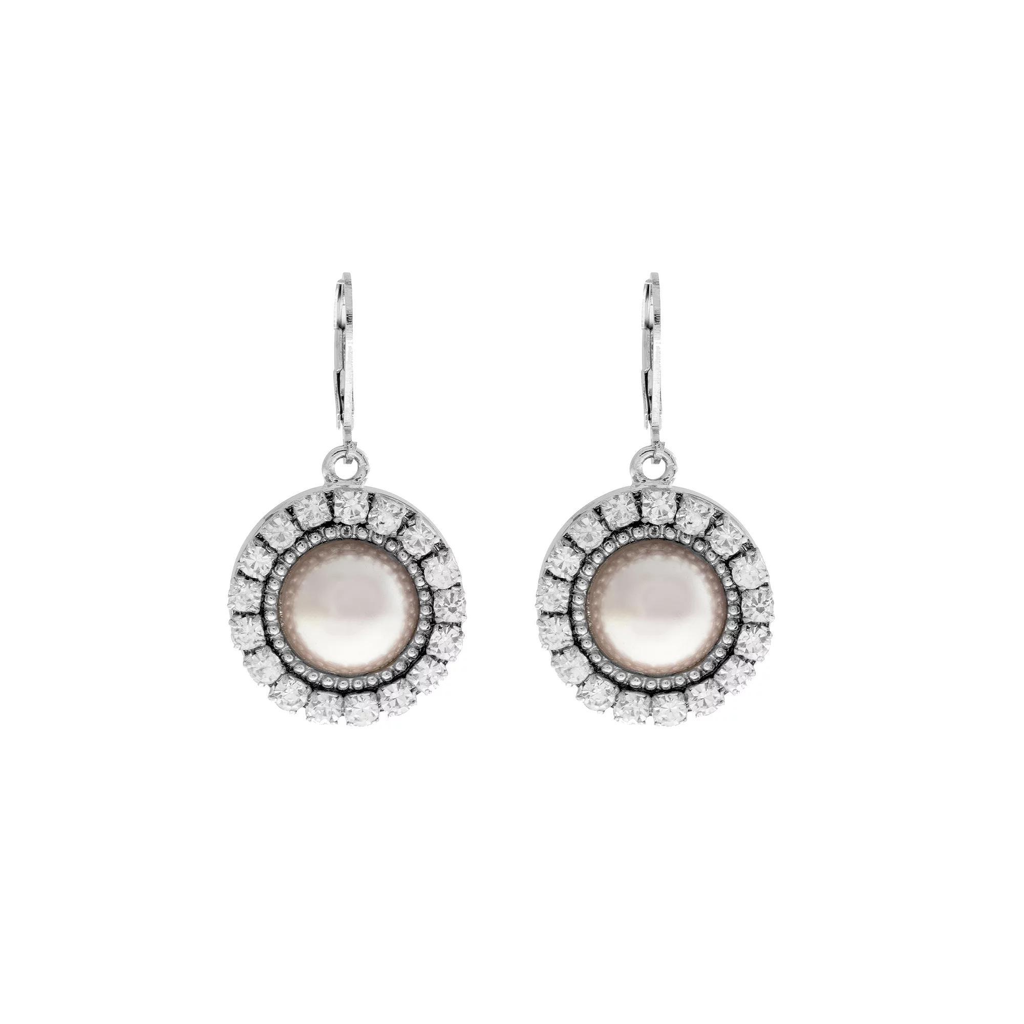 1928 Silver Tone Round Crystal Pink Simulated Pearl Drop Earrings, Womens Product Image