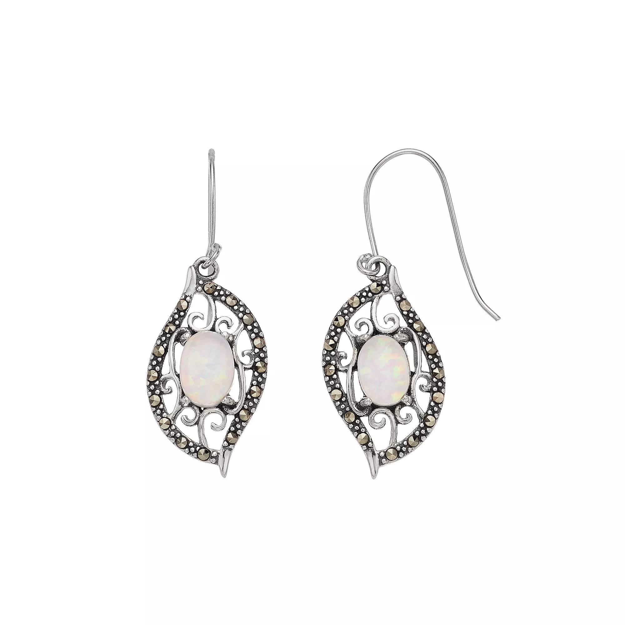 Tori Hill Sterling Silver Simulated White Opal & Marcasite Dangle Earrings, Women's Product Image