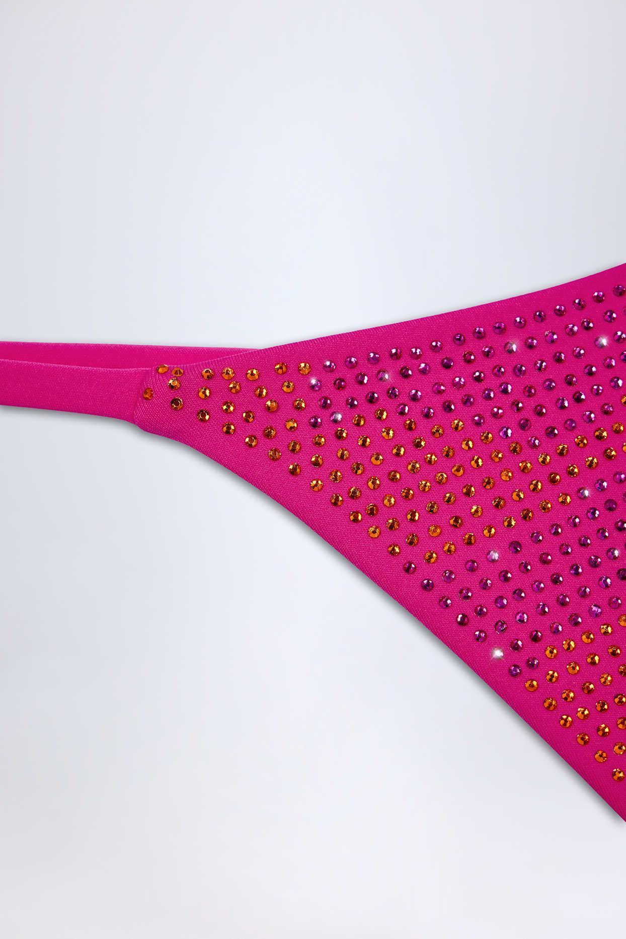 Embellished Thong Bikini Bottoms in Pink Tropical Hotfix Product Image