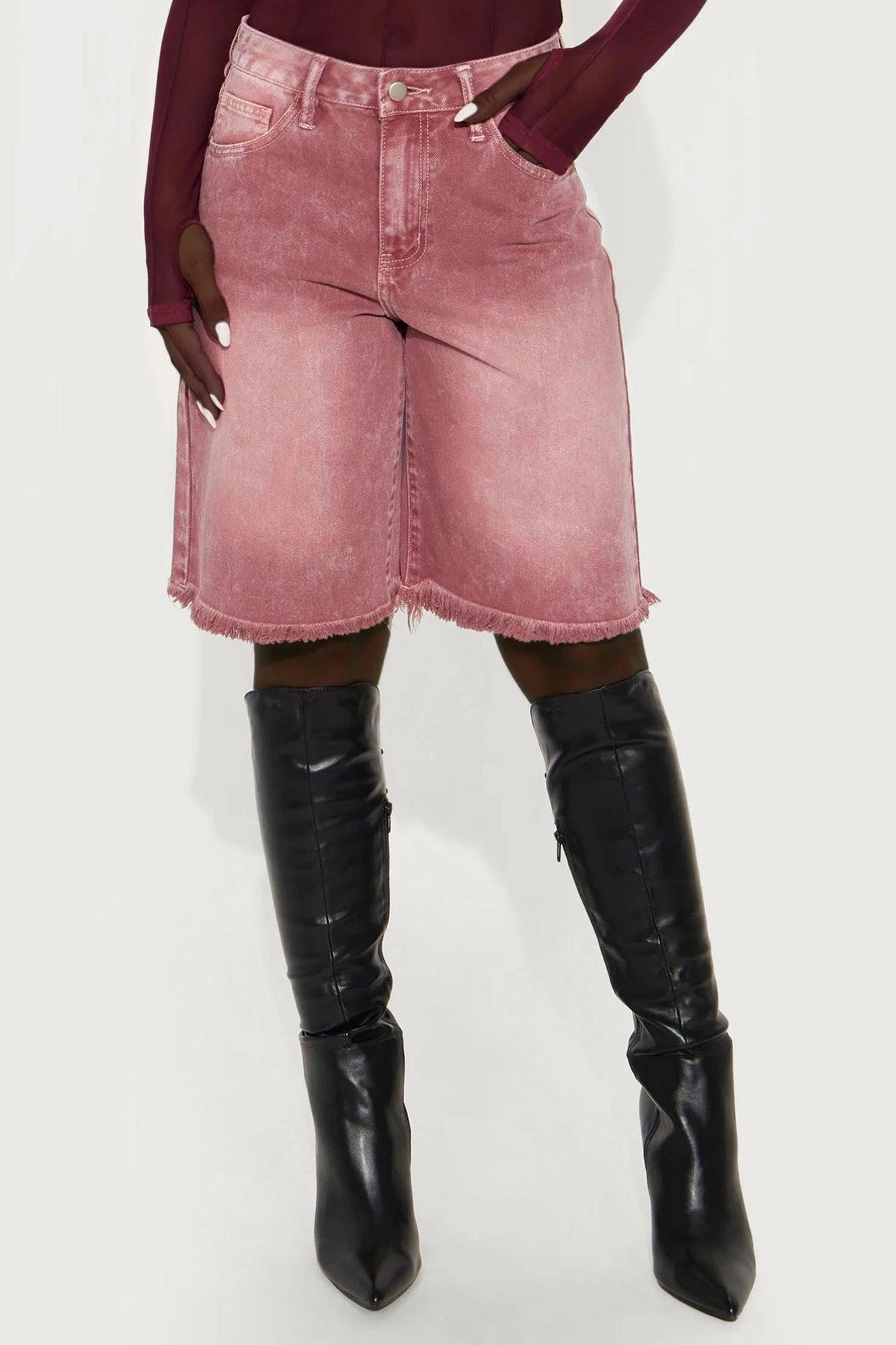 Come A Long Way Baggy Denim Jorts - Burgundy Product Image