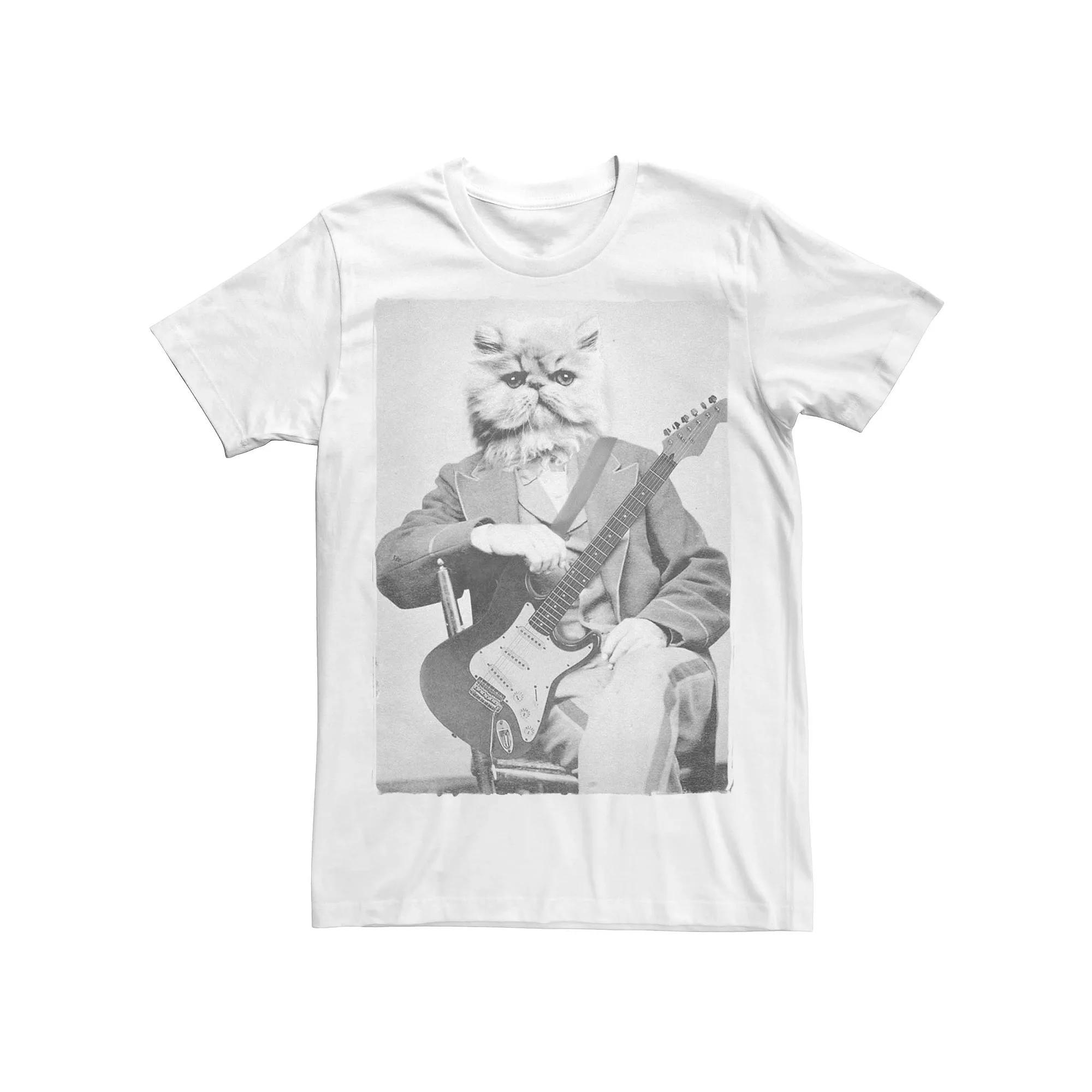 Men's Cat Vintage Guitar Photo Graphic Tee, Size: 3XL, White Product Image