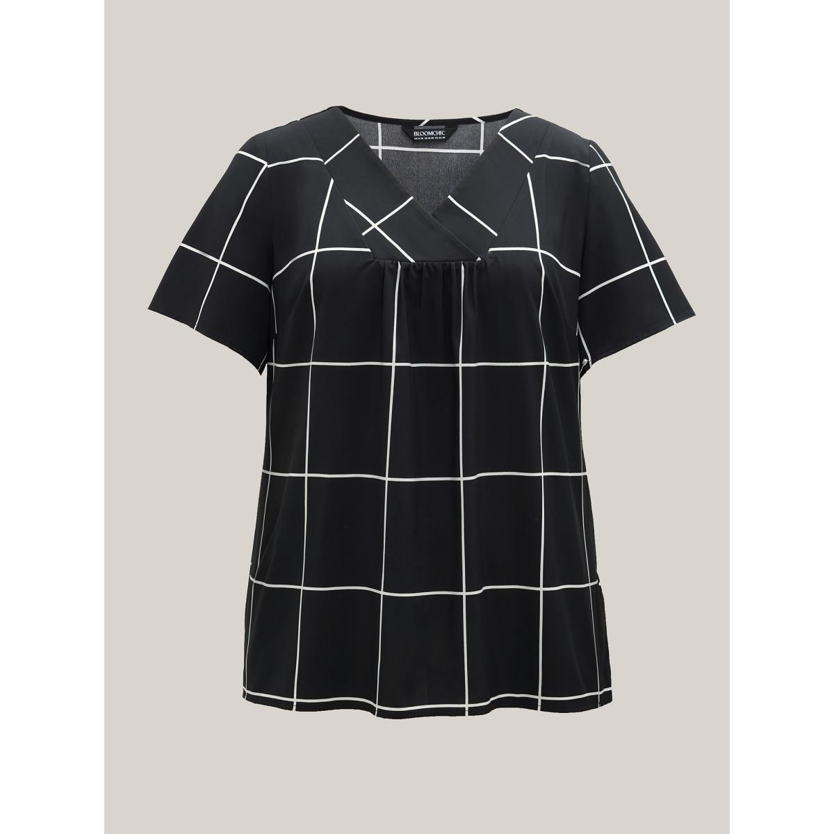 Plus Size Black Plaid Crumpled V-Neck Fitted Shirt Women At the Office Short sleeve Overlap Collar Work Blouses BloomChic 30/6X Product Image