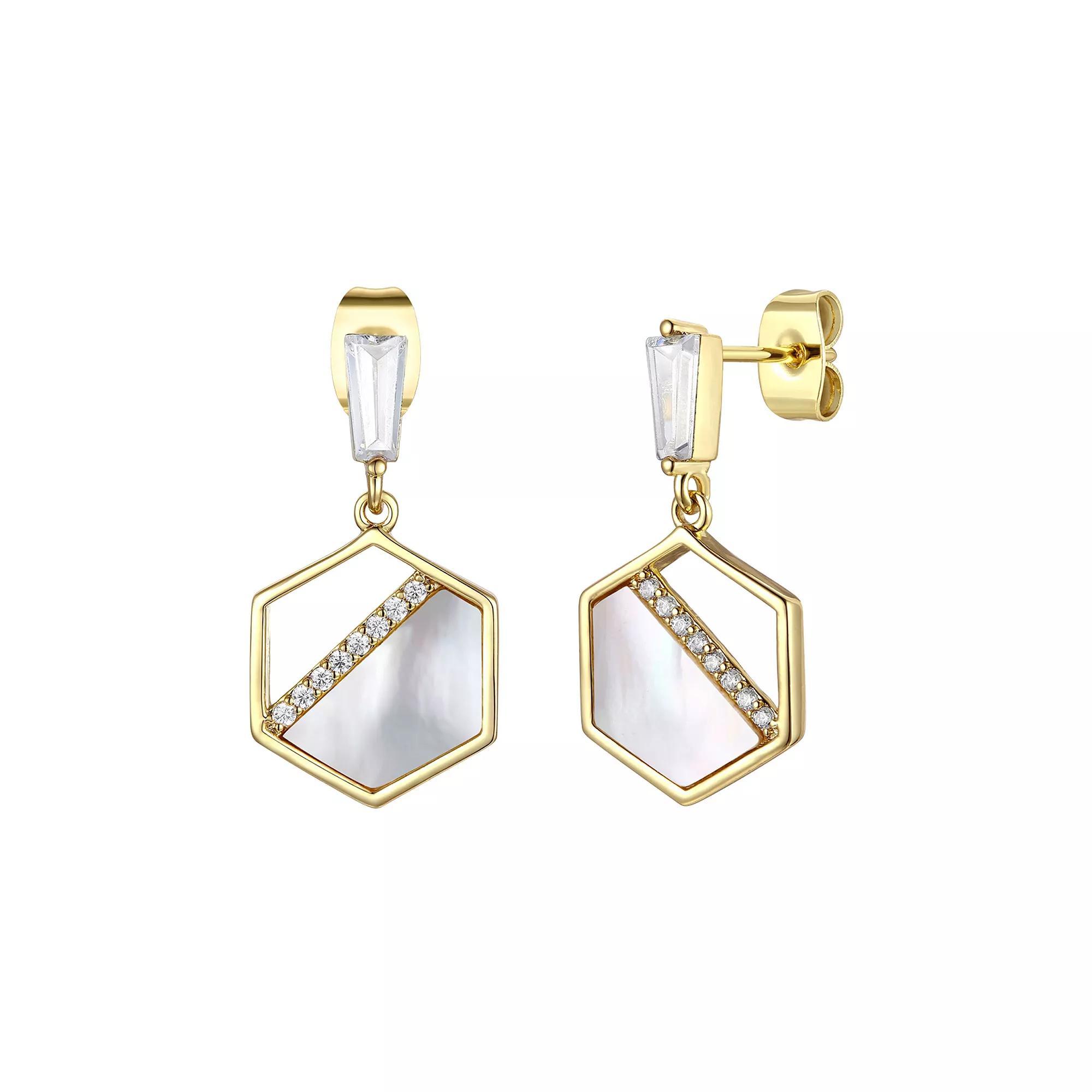 14k Gold Plated Mother of Pearl & Cubic Zirconia Hexagon Drop Earrings, Womens, Gold Tone Product Image