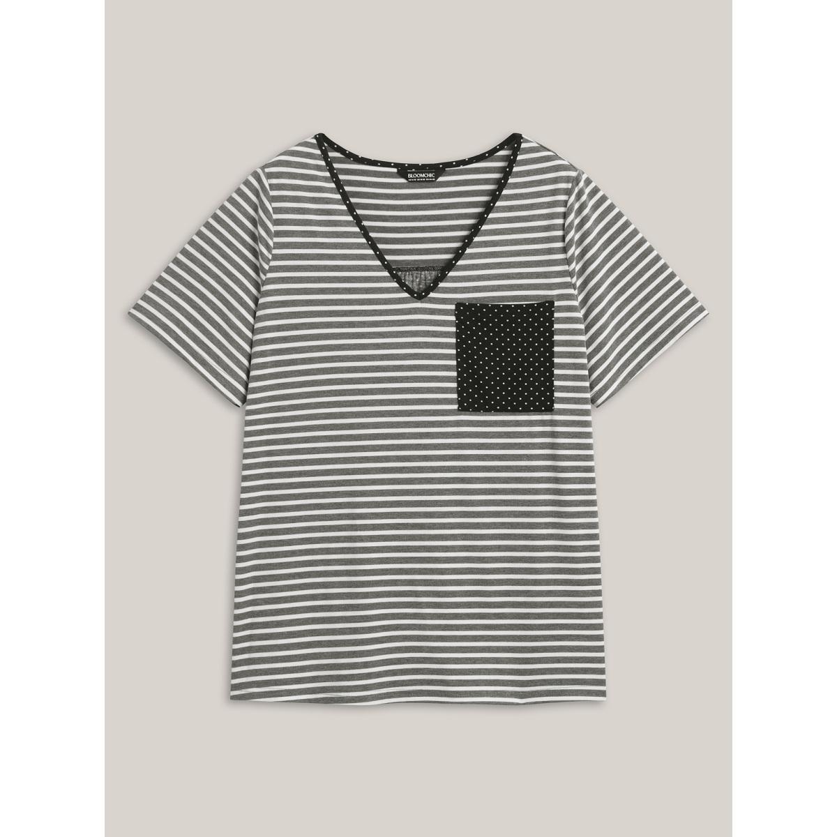 Plus Size Striped Polka Dots Print Pockets T-Shirt DimGray Women Contrast V-neck Everyday-Casual T-shirts BloomChic 10/M Product Image
