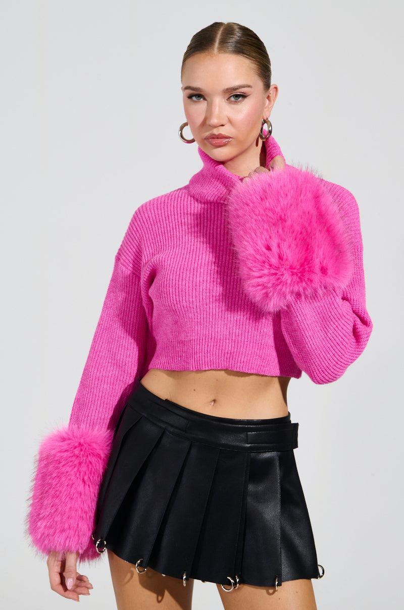 SYDNEY FUR CUFF CROPPED SWEATER IN HOT PINK Product Image