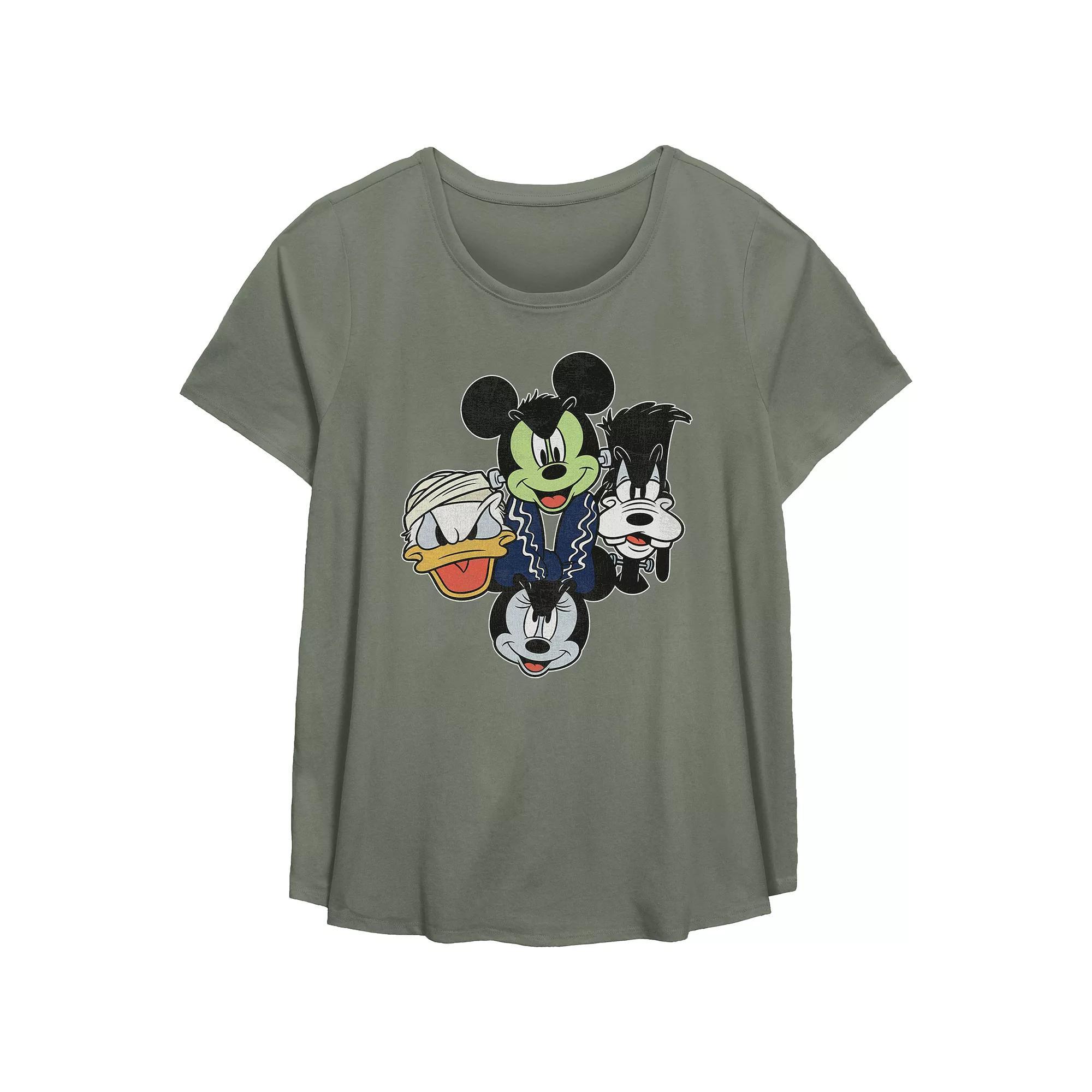 Disneys Mickey and Friends Juniors Plus Size Halloween Heads Scoop Hem Flowy Graphic Tee, Womens Green Product Image