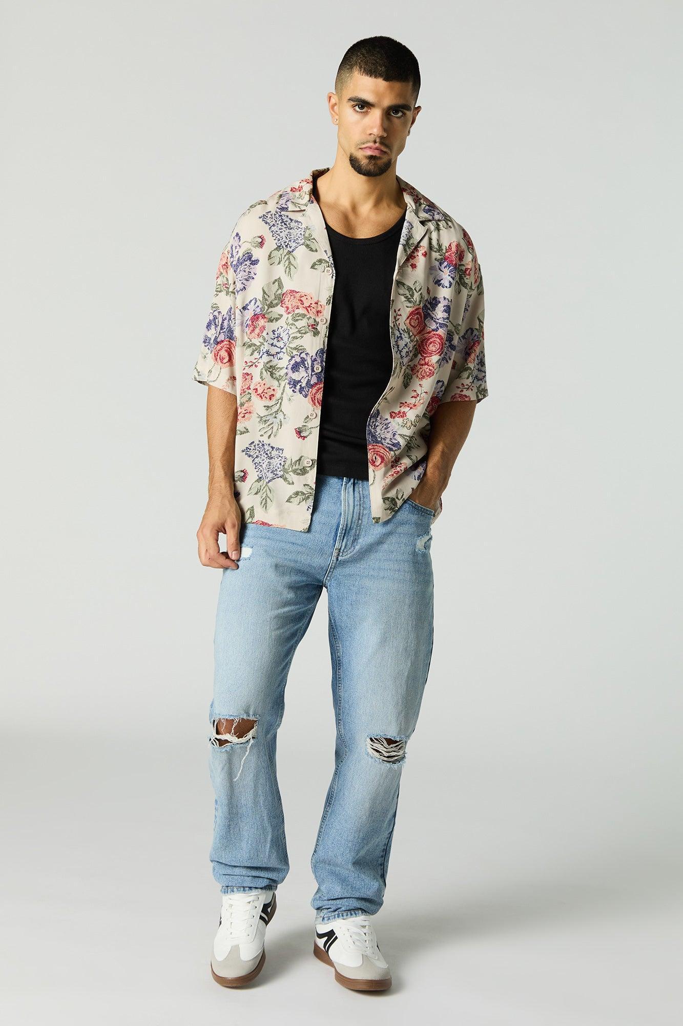 Floral Print Short Sleeve Button-Up Top Male Product Image