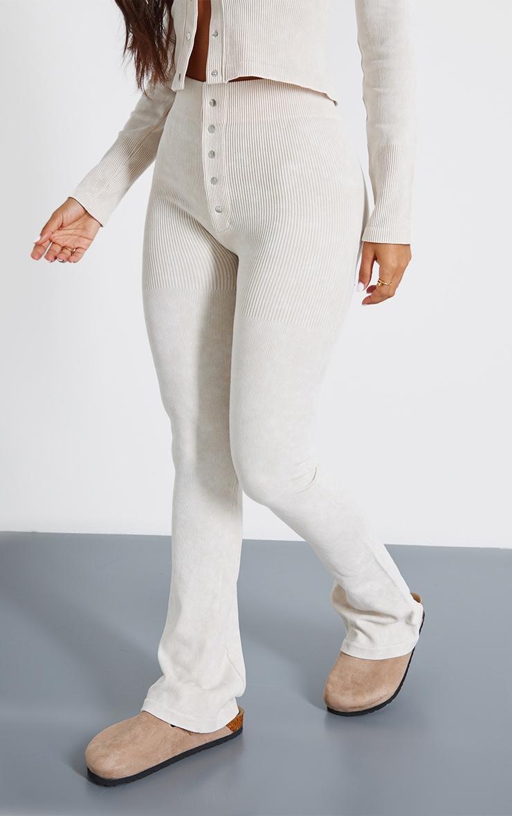 Petite Cream Faded Snatched Rib Button Detail Flare Leggings Product Image