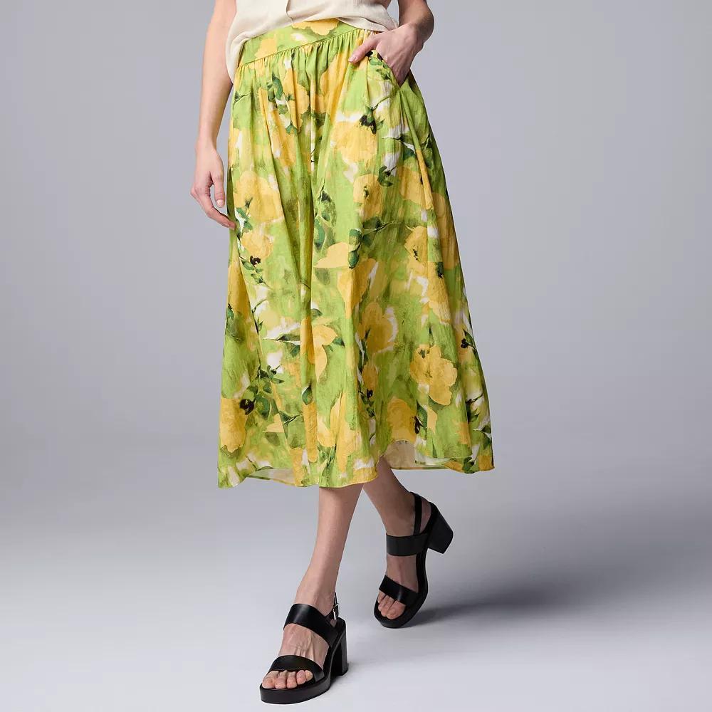 Petite Simply Vera Vera Wang Shirred Midi Skirt, Women's, Size: Medium Petite, Yellow Lt Green Floral Product Image