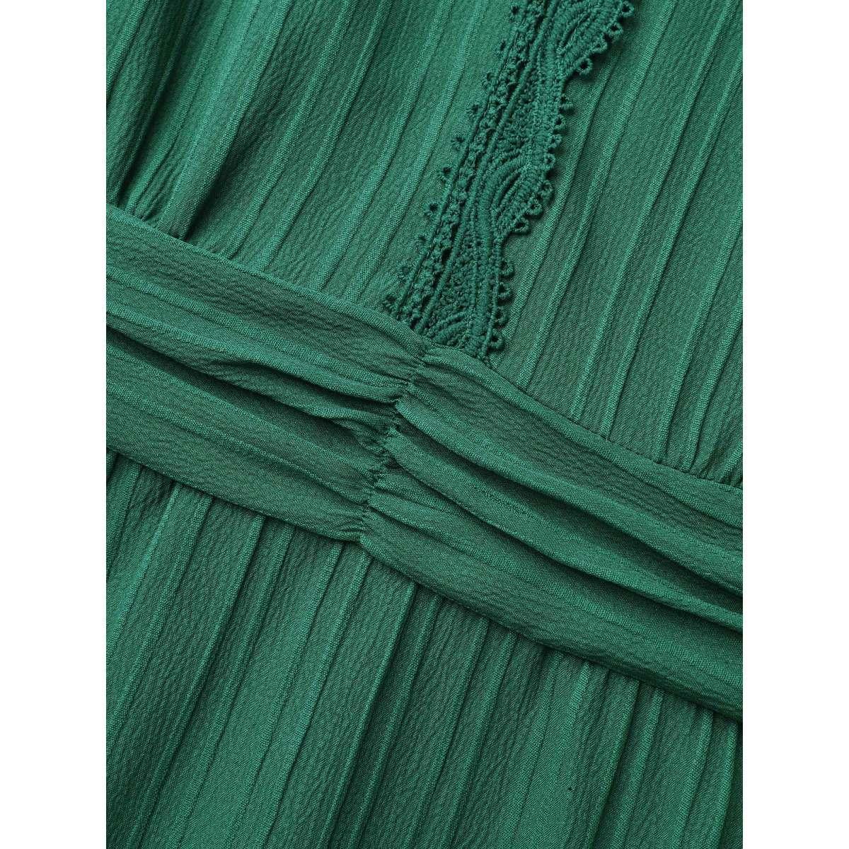 Plus Size Lace Trim Stitch Textured Waist-Defined Midi Dress Emerald Women Elegant Woven ribbon&lace trim V-neck Cap Sleeve Curvy BloomChic 28/5X Product Image