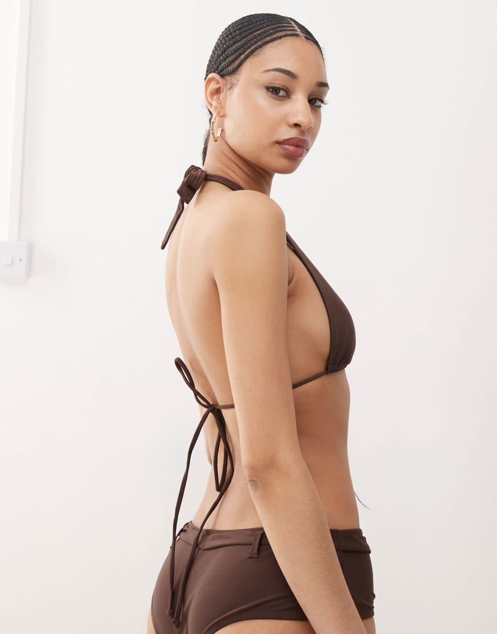 Motel Cerry bead detail bikini top in brown Product Image