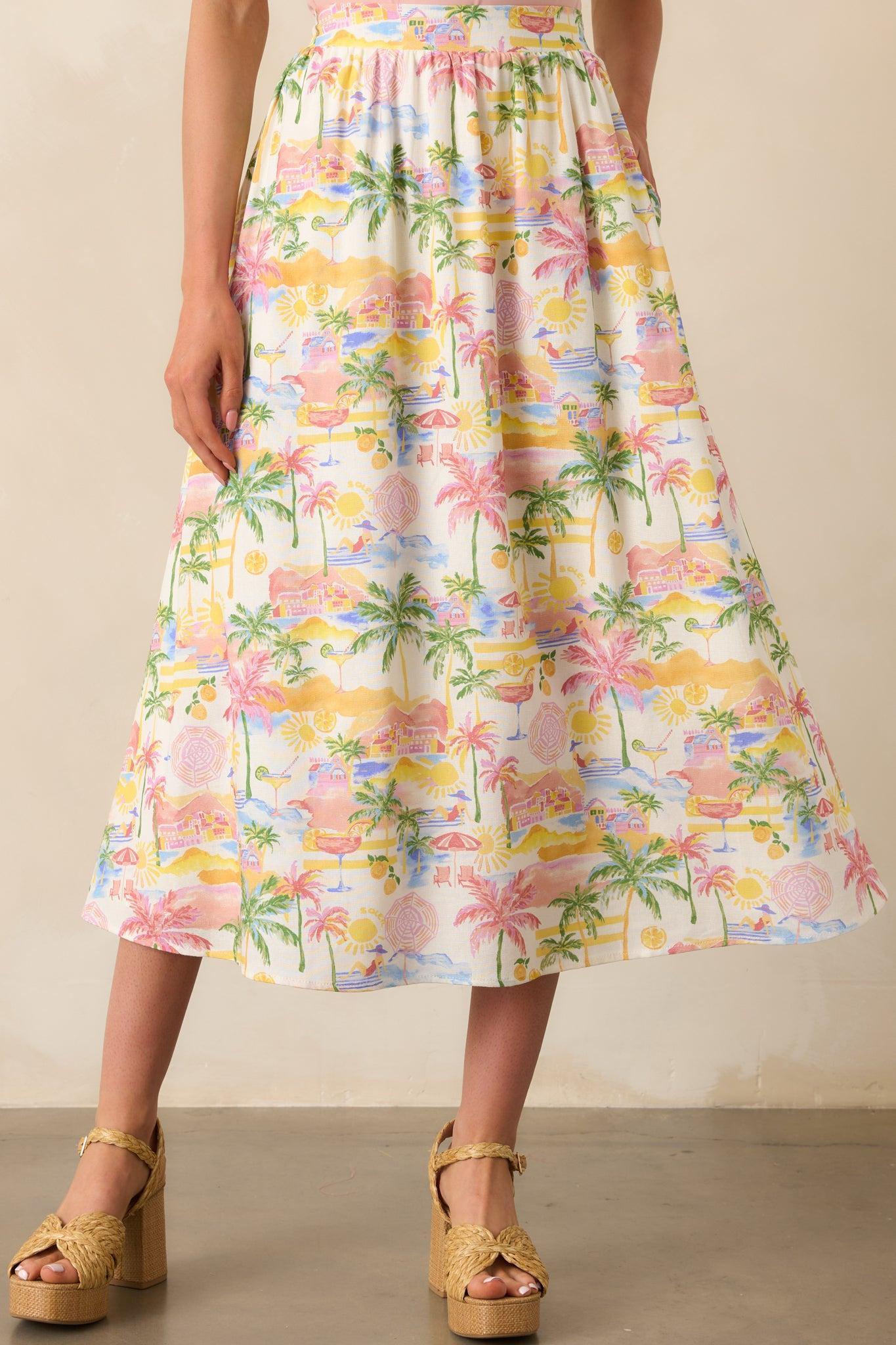 Seaside Bliss Ivory Multi Tropical Print Linen Maxi Skirt Product Image