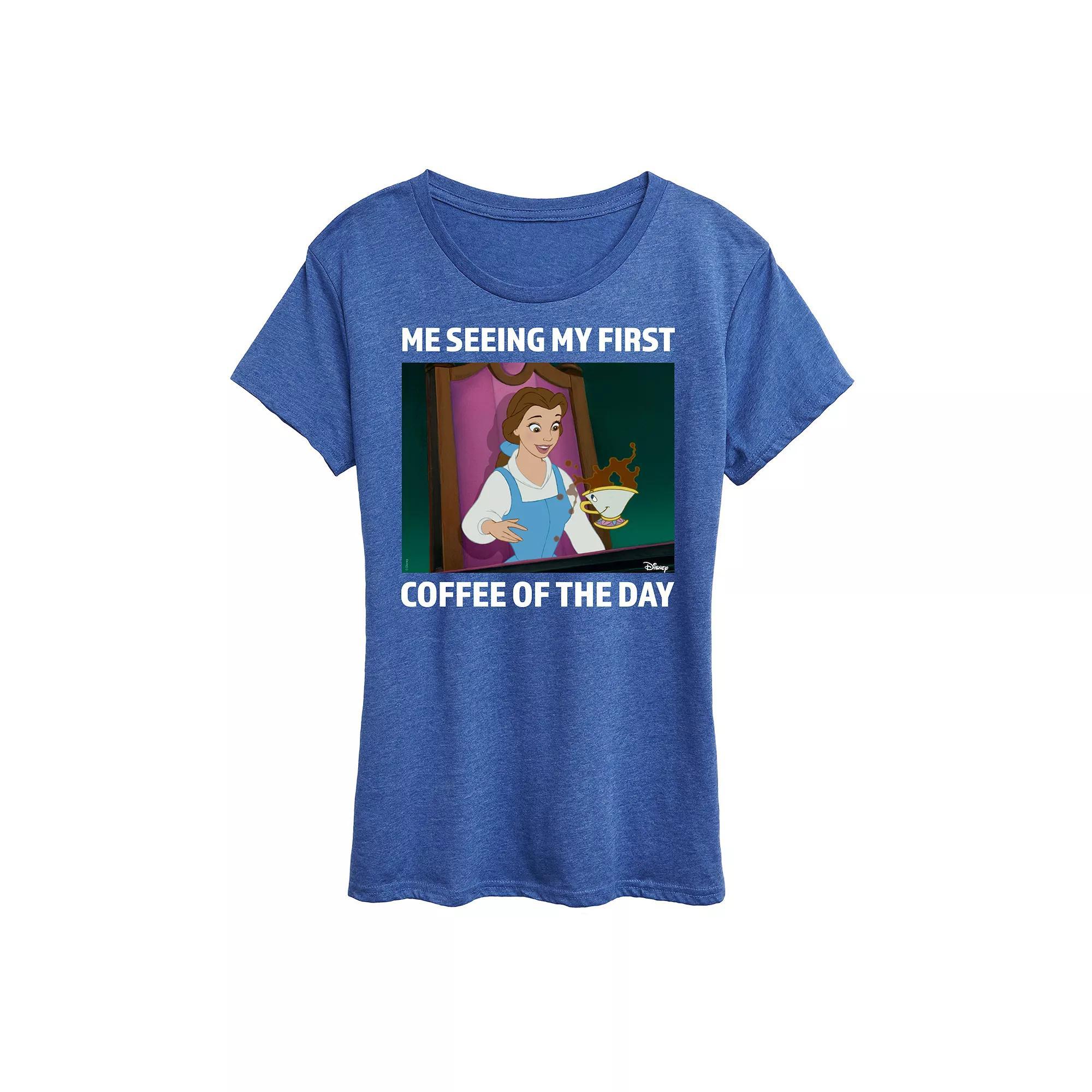Disney Princess Belle Womens First Coffee Of The Day Meme Graphic Tee Product Image