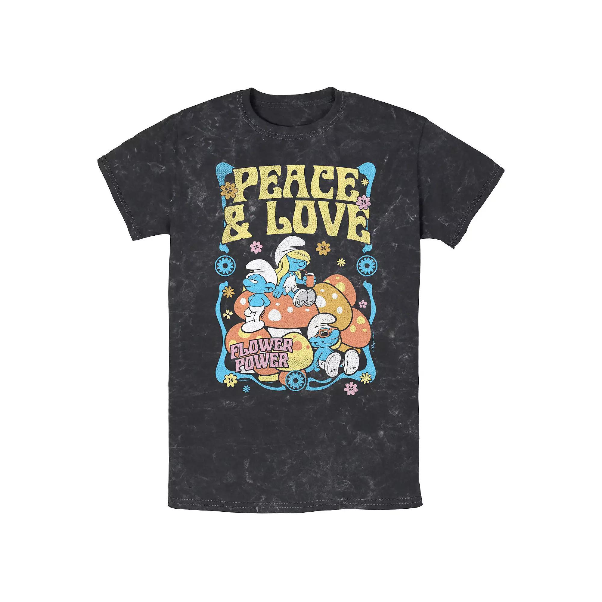 Men's Smurfs Peace And Love Mineral Wash Graphic Tee, Size: Large, Black Product Image