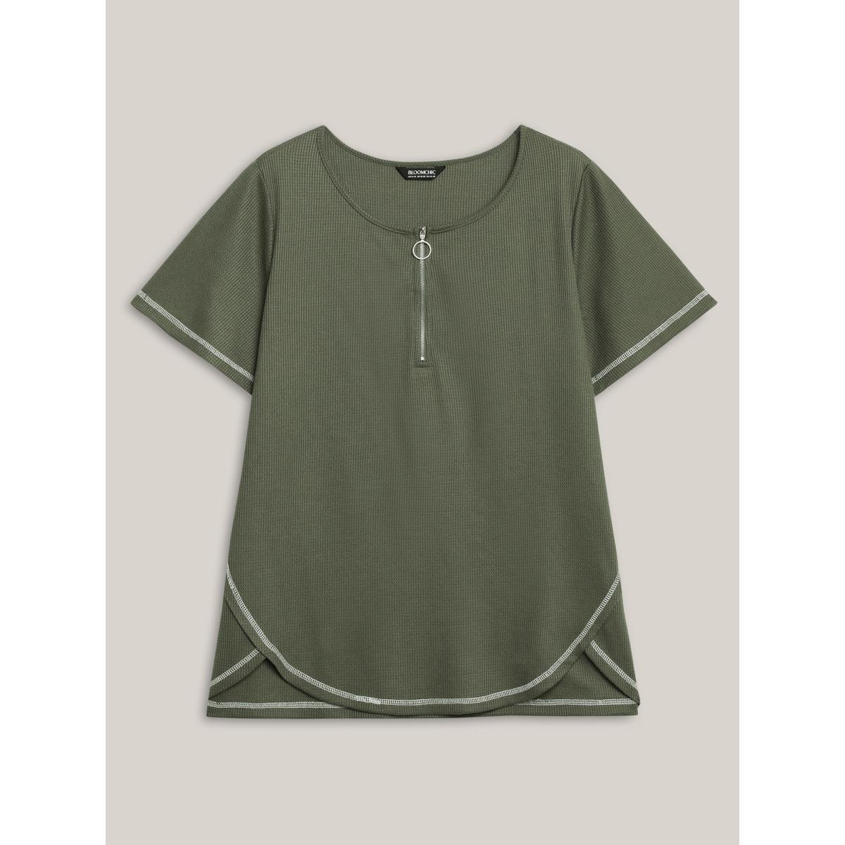 Plus Size Waffle High Low Hem Zipper T-Shirt ArmyGreen Women Topstitching Round Neck Everyday-Casual T-shirts BloomChic 26/4X Product Image