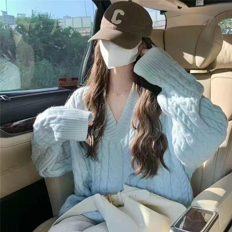 V-Neck Cable Knit Oversized Sweater Product Image