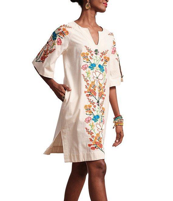 FRANCES VALENTINE Charming Botanical Embroidery V-Neck Elbow Sleeve Caftan Product Image