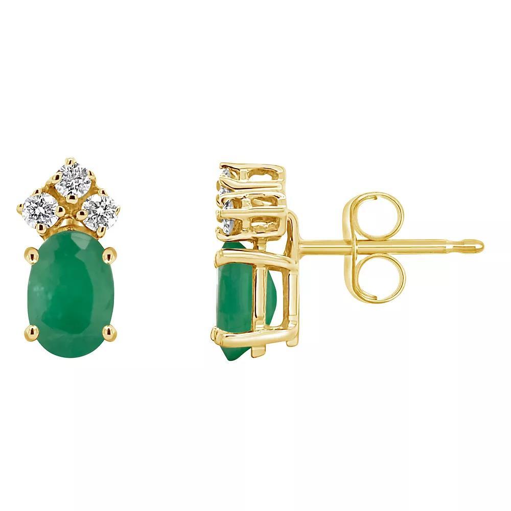 Celebration Gems 14k Gold Oval Emerald & 1/8 Carat T.W. Diamond Stud Earrings, Women's Product Image