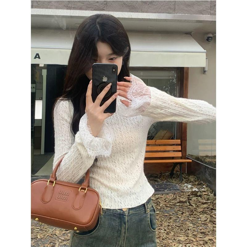 Long-Sleeve Mock Neck Lace Slim Fit Top Product Image