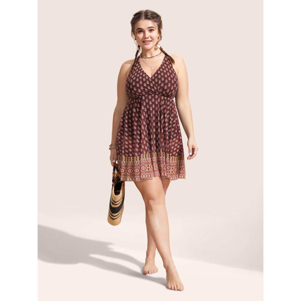 Plus Size Overlap Collar Boho Print Patchwork Swim Dress Women's Swimwear Deepred Beach Bodycon Overlap Collar High stretch Curve Swim Dresses BloomChic 14-16/1X Product Image