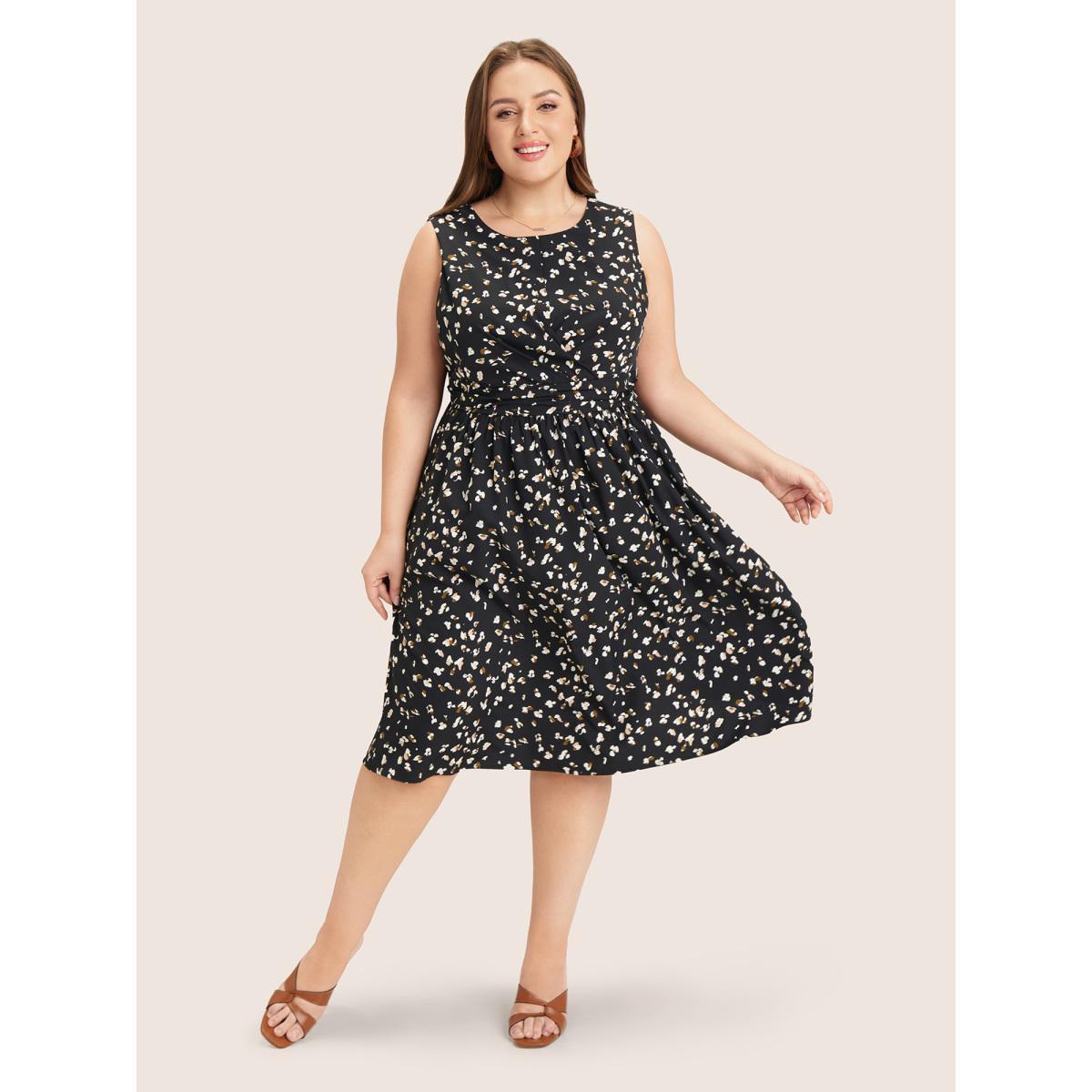 Plus Size Allover Print Pocket Flutter Crossover Ruched Tank Dress Black Women Elegant Twist Round Neck Sleeveless Curvy Midi Dress BloomChic 26/4X Product Image