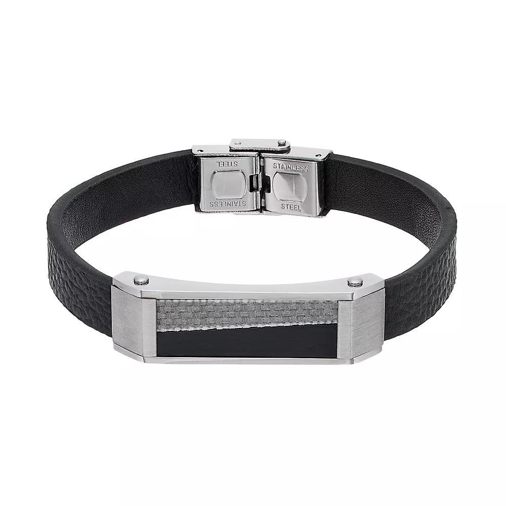 Men's Stainless Steel & Black Leather Carbon Fiber Bracelet, Size: 8.5" Product Image