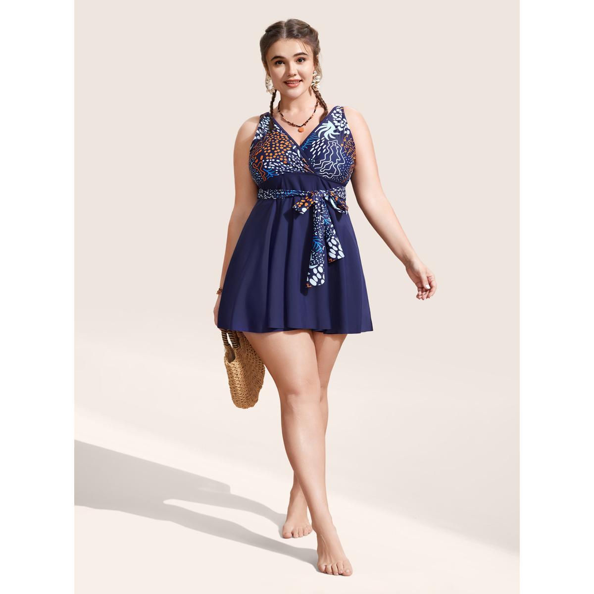 Plus Size Marine Elements Patchwork Tie Knot Swim Dress Women's Swimwear Indigo Beach Bodycon V-neck High stretch Curve Swim Dresses BloomChic 14-16/1X Product Image