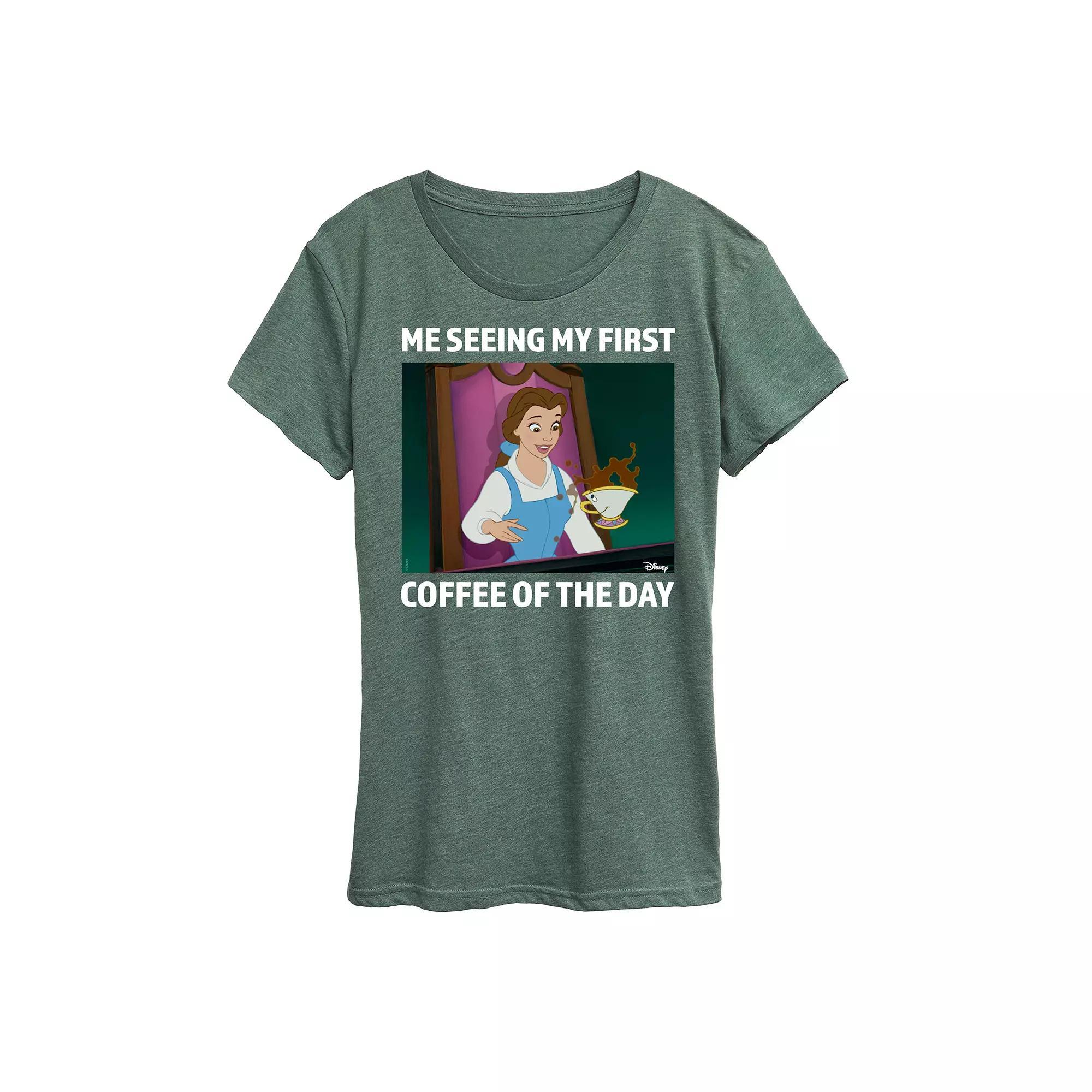 Disney Princess Belle Womens First Coffee Of The Day Meme Graphic Tee Product Image