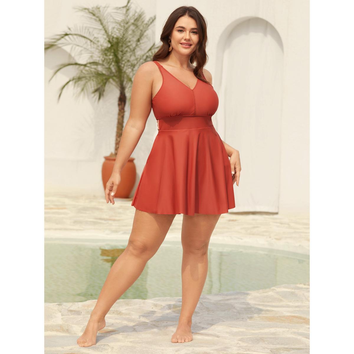 Plus Size Sewn-in-Belt Bow Pockets Swim Dress Women's Swimwear Salmon Beach Bodycon V-neck High stretch Curve Swim Dresses BloomChic 22-24/3X Product Image
