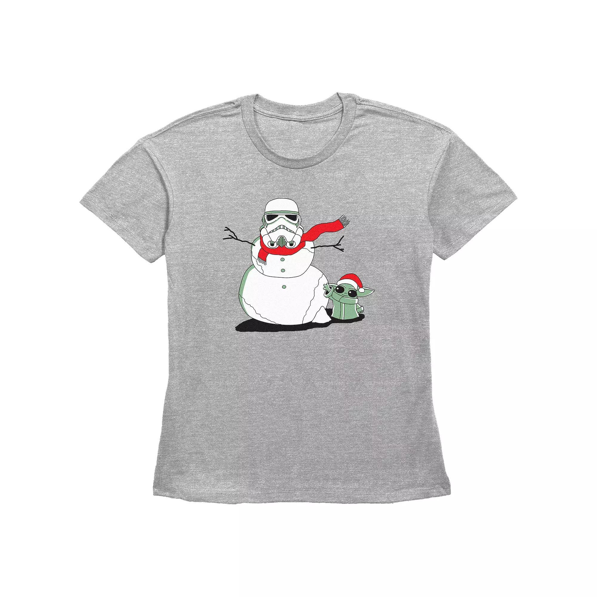 Women's Star Wars The Mandalorian Grogu And Storm Trooper The Snowman Graphic Tee, Size: Small, Grey Gray Product Image
