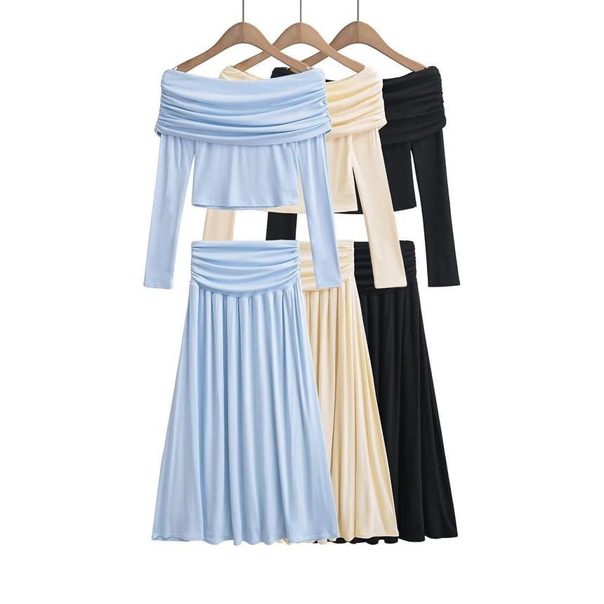 Set: Long Sleeve Off Shoulder Plain Ruched Crop Top + High Rise Maxi A-Line Skirt Product Image