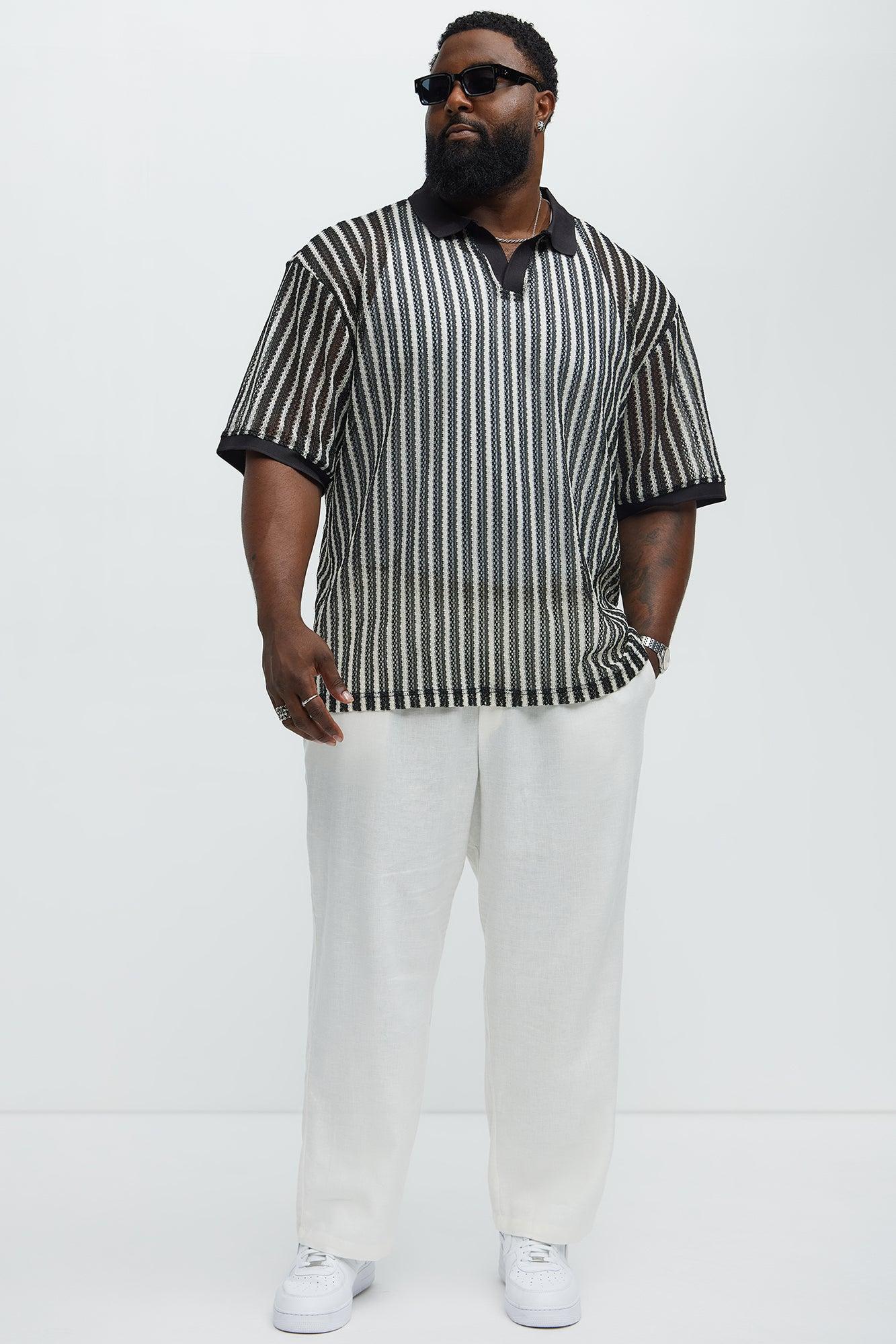 Striped Textured Johnny Collar Polo - Black/combo Product Image