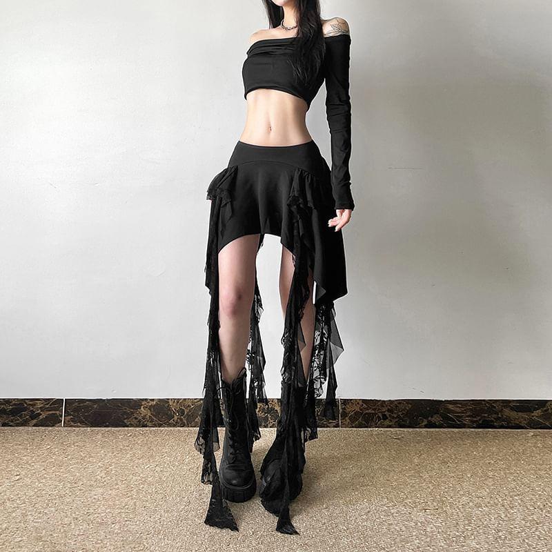 High Waist Plain Ruffles Lace Trim A-Line Skirt Product Image