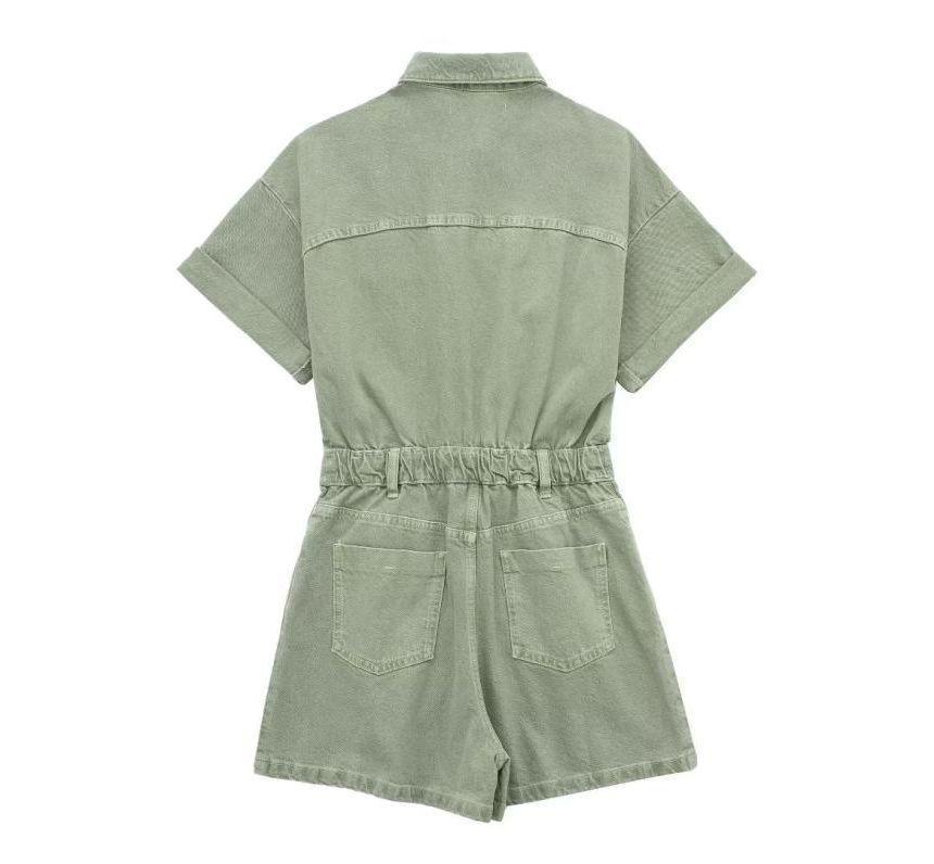 Short-Sleeve Collar Button-Up Denim Romper Product Image