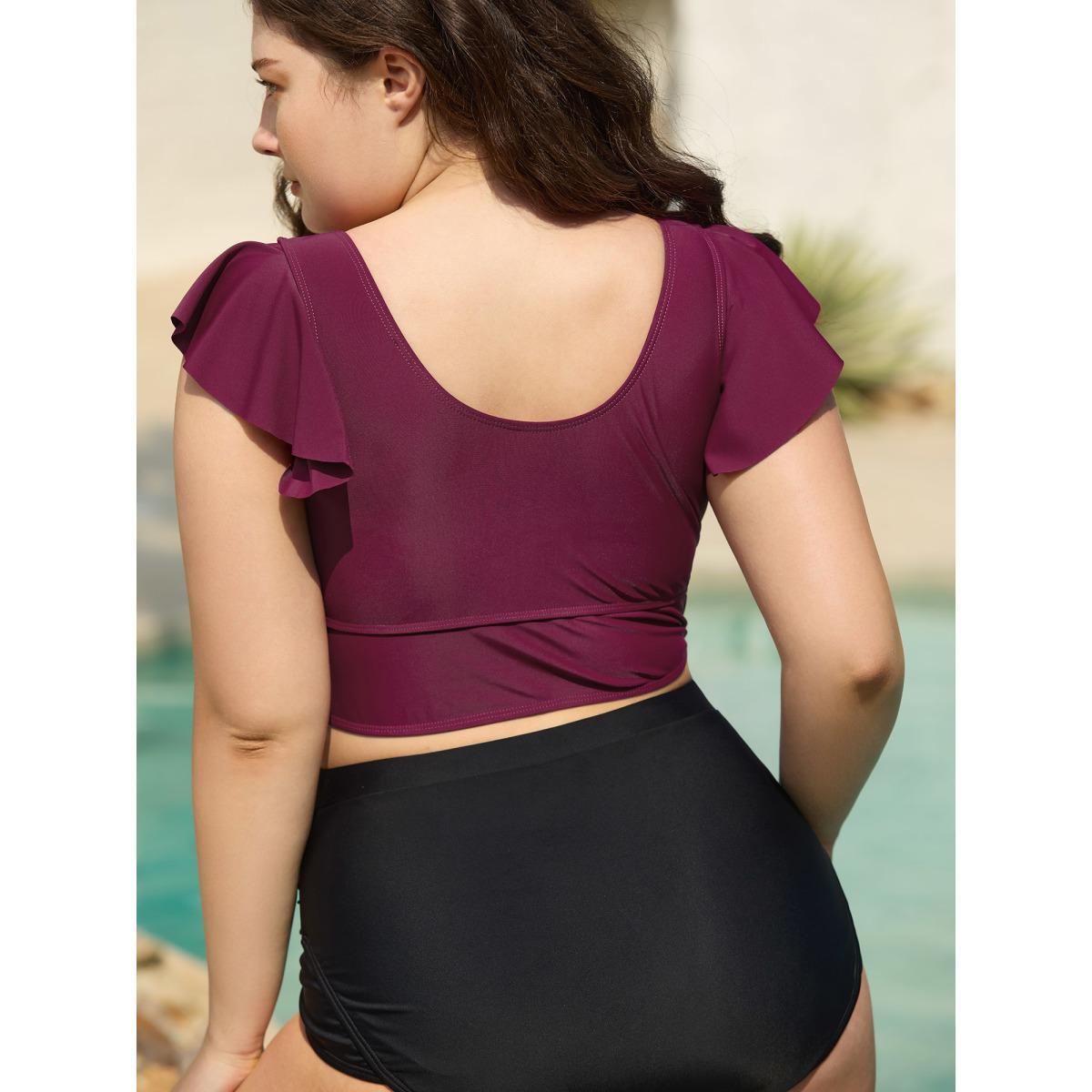 Plus Size Twist-Front Flutter Sleeve Swim Top Women's Swimwear Plum Beach High stretch Skinny U-neck Curve Swim Tops BloomChic 18-20/2X Product Image