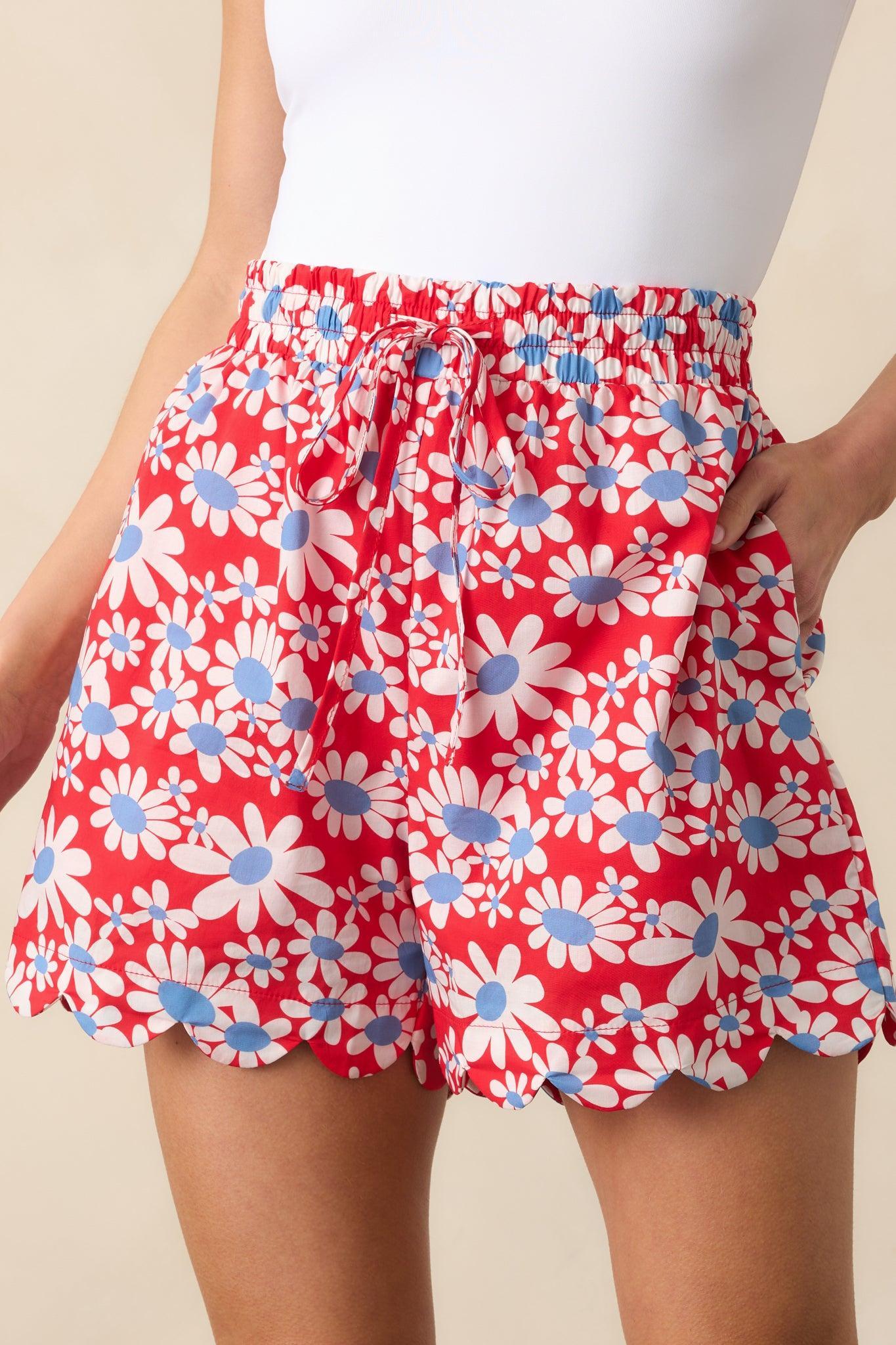 This Is All I Want Red Floral Cotton Scallop Hem Shorts Product Image