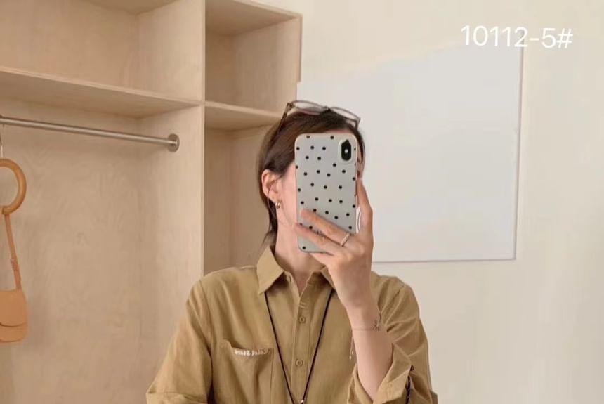 Long Sleeve Collared Lettering Button Up Shirt Product Image