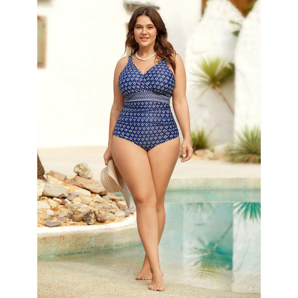 Plus Size Boho Print Color Contrast One-Piece Swimsuit Women's Swimwear Indigo Beach Contrast Curve Bathing Suits High stretch One Pieces BloomChic 26/4X Product Image