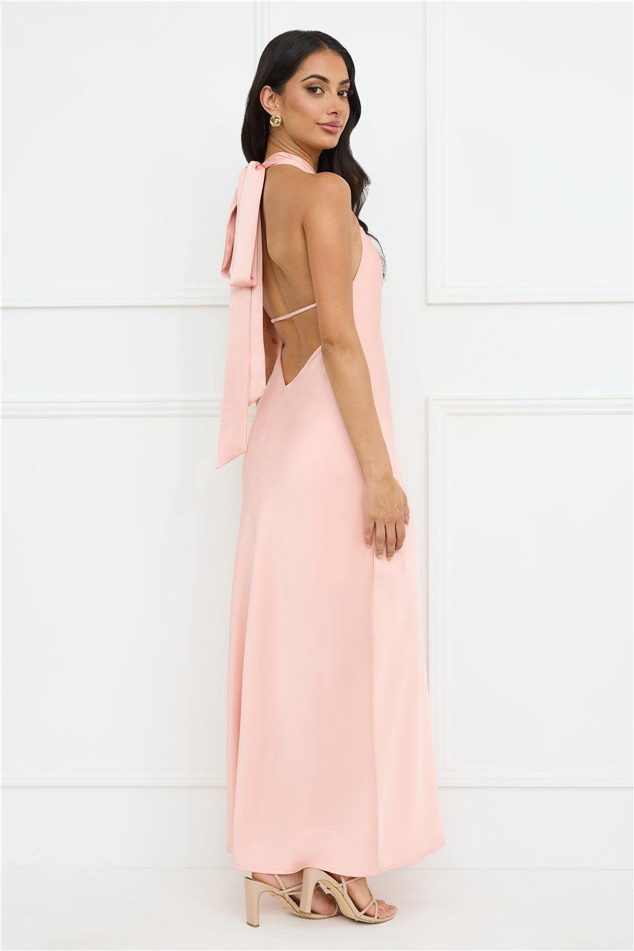 Delicate Dazzle Halter Satin Maxi Dress Peach Product Image
