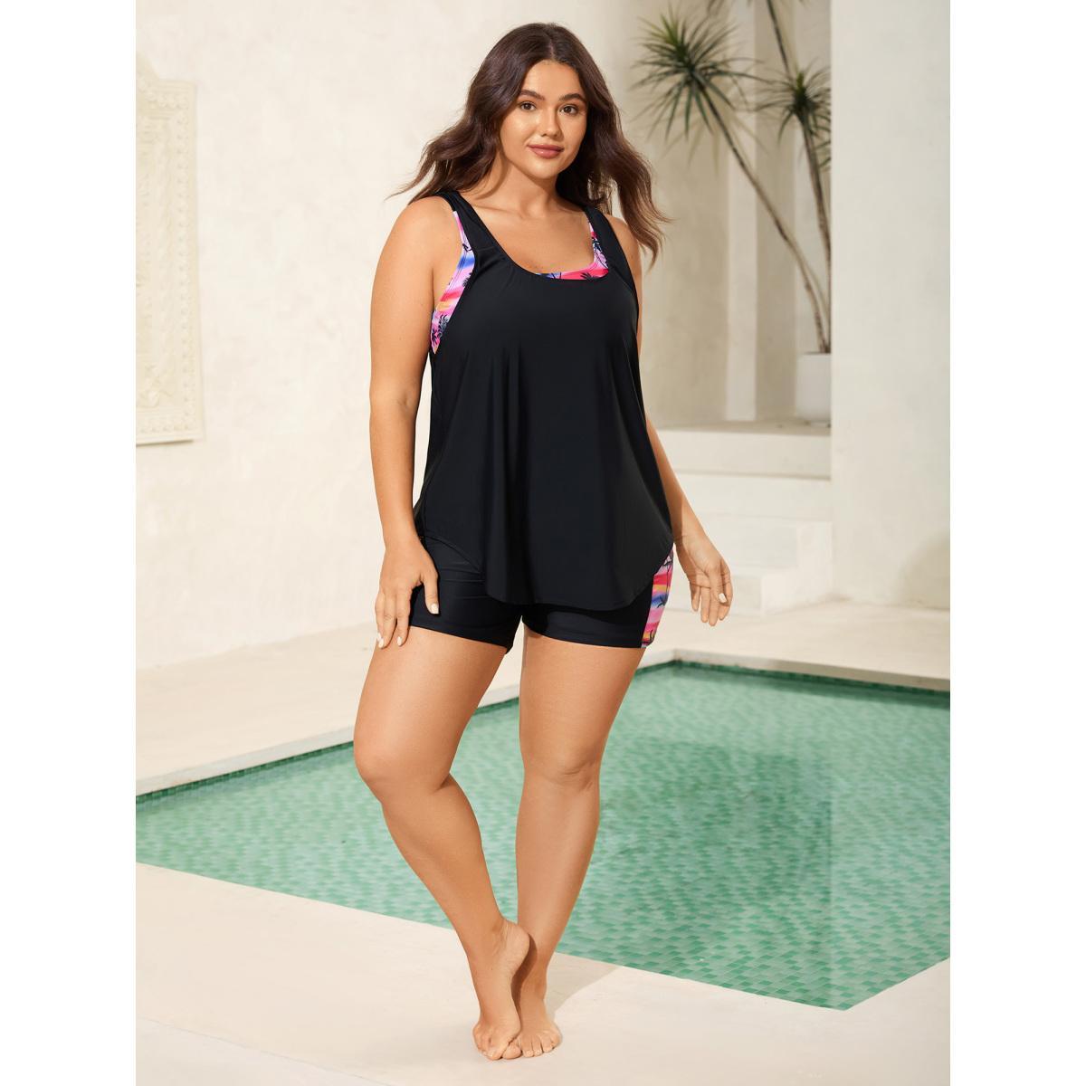 Plus Size Two-Piece Tropical Print Contrast Swim Top Women's Swimwear Black Beach Contrast High stretch Bodycon U-neck Curve Swim Tops BloomChic 28/5X Product Image