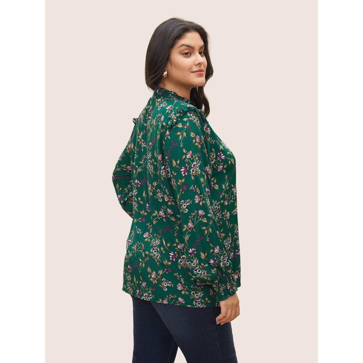 Plus Size DarkGreen Floral Lantern Sleeve Shirred Mock Neck Blouse Women Elegant Long Sleeve Mock Neck Everyday Blouses BloomChic 14-16/1X Product Image
