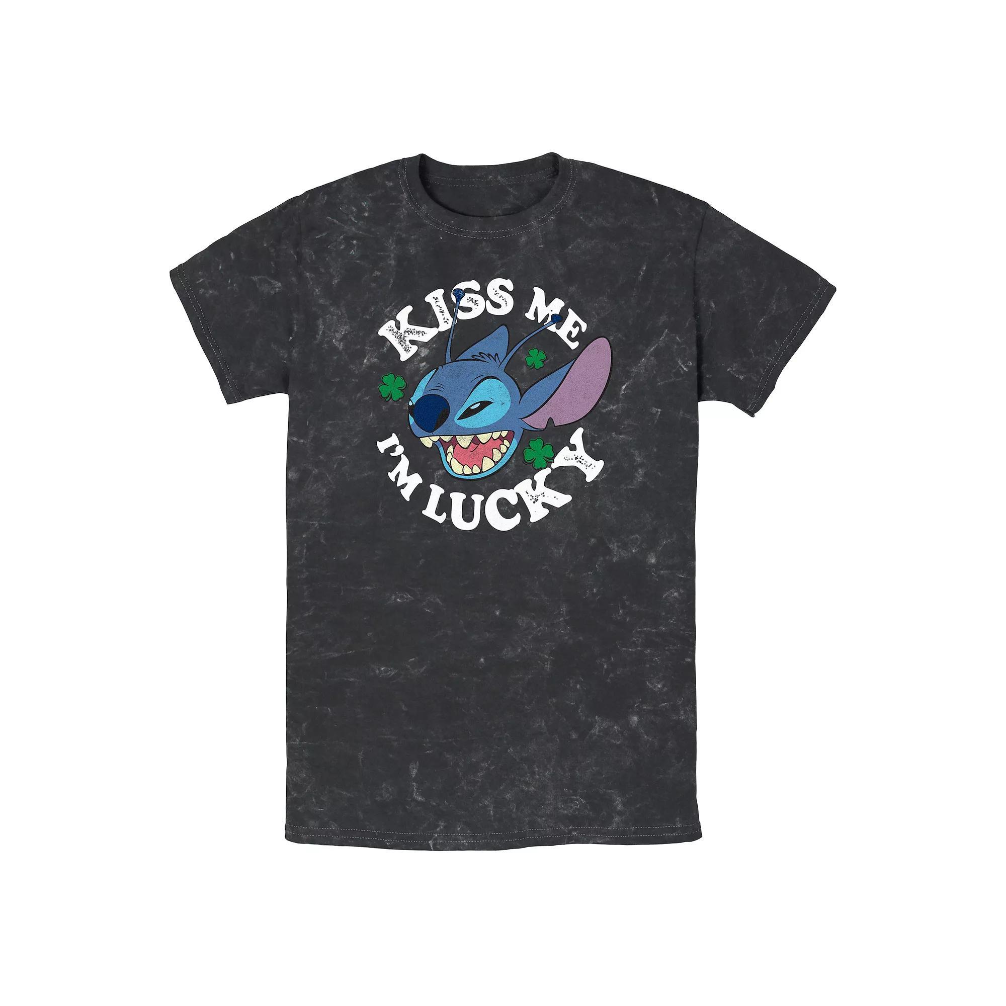 Disney's Lilo & Stitch Kiss Me I'm Lucky Mineral Wash Men's Graphic Tee, Size: Medium, Black Product Image