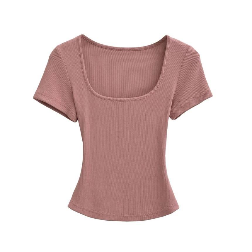 Short Sleeve Square-Neck Plain Slim-Fit Crop Top Product Image